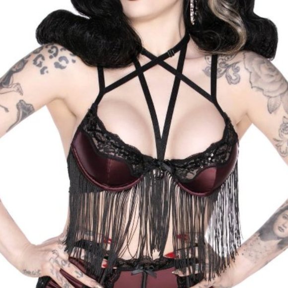 Killstar Other - Killstar She's Poison Wine Lace Fringe Burlesque Bra XXL NWT